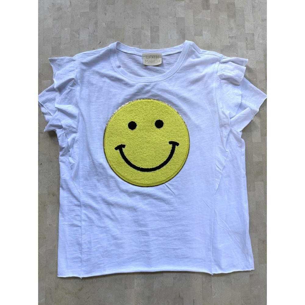 JUDITH MARCH Oversized Smiley Face Patch Ruffle Sleeve Tshirt - L 🙂